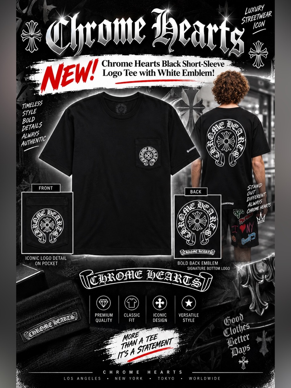 New!🔥Chrome Hearts Black Short-Sleeve Logo Tee with White Emblem!🔥